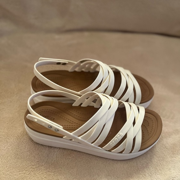 CROCS White Tan Wedge Sandals with Cushioned Footbed - Picture 12 of 13